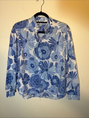 Zara Blue White Large Floral Cotton Collarless Relaxed Button-Down Shirt Small